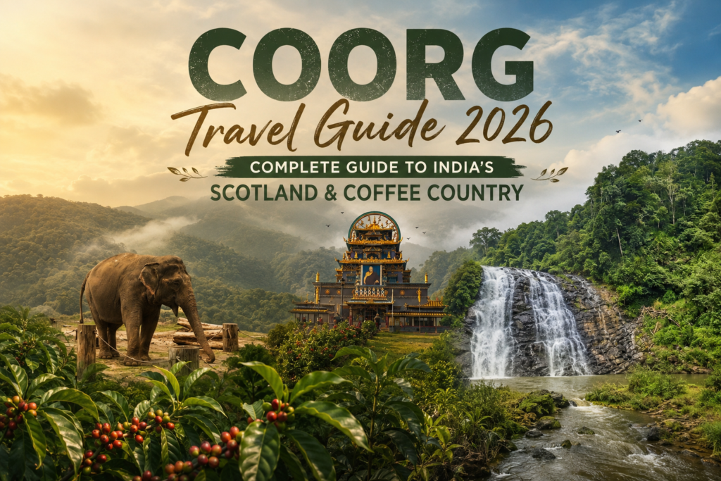 Coorg travel guide featured image showing a scenic blend of lush green hills, coffee plantations, a majestic waterfall, a traditional temple, and an elephant, capturing the natural beauty and cultural essence of Coorg, India.