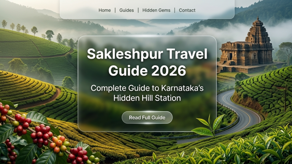 Sakleshpur Travel Guide 2026 featuring misty Western Ghats mountains, terraced coffee plantations, Manjarabad Fort temple, winding mountain road, and red coffee berries from Karnataka's hidden hill station